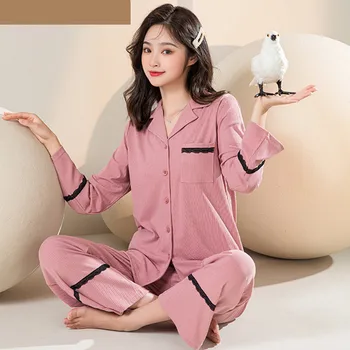 Sonbahar kışlık pijama kadın Uzun Kollu Elbise Hırka Bayanlar Yaka Gömlek Ev Giyim Seti Örgü Pamuk Kadın Pijama De Mujer