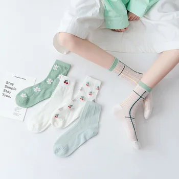 5 Çift Yaz Çiçek Çorap Kadın Paketi Orta Harajuku Kawaii Sevimli Pamuk İnce Karikatür Örgü Kore Tarzı Çiçek Çorap kızlar için