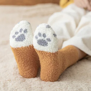Kadın komik çoraplar Sevimli Kedi Pençe Kış Sıcak Bulanık Kalınlaşmak Pamuk Peluş Kadın Ev Kat Uyku Karikatür Calcetines Skarpetki