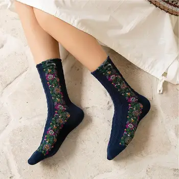 Etnik Tarzı Çiçek Çorap Kış Sıcak Çizme Çorap Kadınlar İçin Vintage Çiçekli Örgü Yenilik Çorap Sevimli Komik Hımbıl Pamuklu Çorap Q8I9