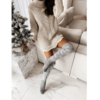 Noel Çorap kadın Uzun Örme Çorap Kızlar Bayanlar Kadınlar için Kış Sıcak Örgü Çorap Uyluk Yüksek Diz Üzerinde çorap